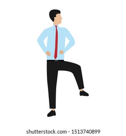 A man stands with his hands on his waist. Flat cartoon character isolated on white background