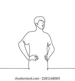 man stands with his hands on his hips - one line drawing vector. concept listen or observe in a confident posture
