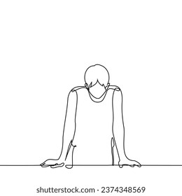 man stands with his hands on the table and looks down - one line art vector. concept of reflection, dead end, logical task, thoughtfulness