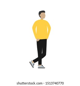 The man stands with his hands in his pockets. Flat cartoon character isolated on white background