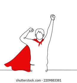 man stands with his hands up ready to fly with a red fluttering cape behind his back - one line drawing vector. concept heroization, courage, love for comics about superheroes