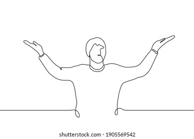 man stands with his hands up and to the sides. one line drawing a man in a sweater stands confused, he does not know and does not understand what is happening