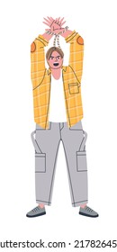 El hombre está de pie con las manos atadas. El hombre levantó las manos atadas con una cuerda gruesa. Ilustración vectorial plana. Eps10