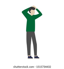 The man stands with his hands up. Flat cartoon character isolated on white background 