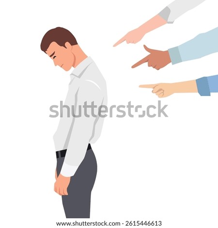 Man stands with his head down as several hands point accusingly at him, blame and social pressure. Flat vector illustration isolated on white background