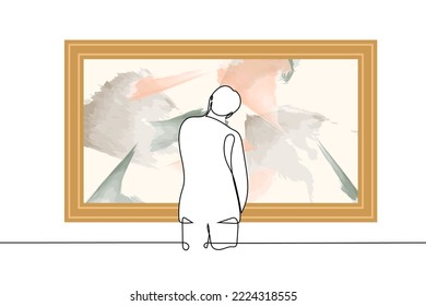 man stands with his head tilted in front of a horizontal abstract huge picture in a frame - one line drawing vector. concept connoisseur of abstract art in the gallery