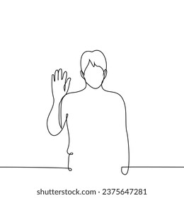 man stands with his palm raised - one line art vector. concept greet or say goodbye