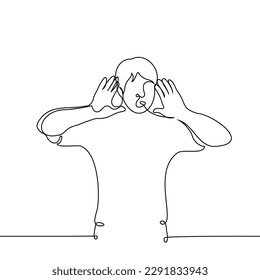 man stands with his palms to his mouth so that him call or scream can be heard better - one line drawing vector. concept cheerleader utters a chant, shout loudly or call