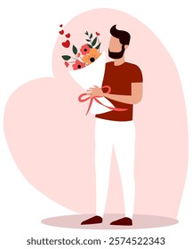 A man stands holding a bouquet of vibrant flowers, surrounded by floating hearts, conveying feelings of love and affection. This illustration captures a romantic moment.