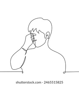 man stands holding the bridge of his nose - one line art vector. concept of fatigue, cringe. Handmade vector not AI