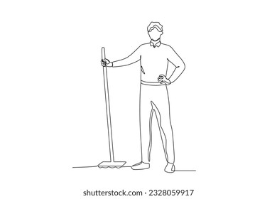 A man stands holding a broom. Cleaning service one-line drawing