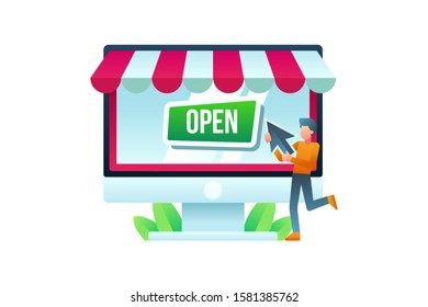 A Man Stands Holding A Cursor To Open A Store On A Marketplace Website. E-commerce Vector Illustration For Background And Banner Element 