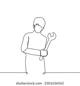 man stands holding a giant wrench with both hands - one line art vector. concept of repair work, attack with tool. Handmade vector not AI