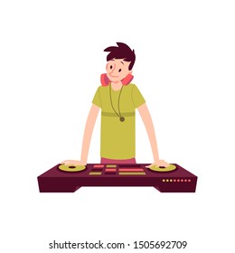 Man stands holding hands on DJ console with headphones on neck cartoon style, vector illustration isolated on white background. Male spins mixing deck and plays music on sound board