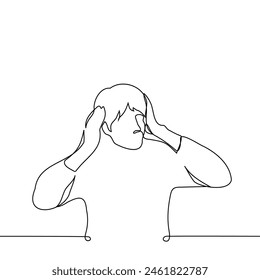 man stands holding his head with both hands - one line art vector. concept horrified, migraine, shock. Handmade vector not AI