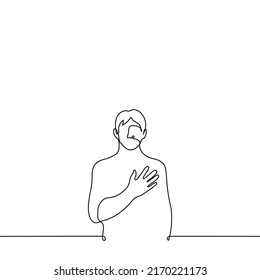 man stands holding his heart with one hand - one line drawing vector. concept of heart pain, heart attack, pray, swear, take an oath