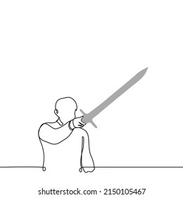 man stands holding up his sword - one line drawing vector. concept to threaten with sword, aggressive barbarian
