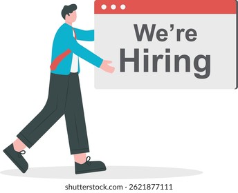 Man stands holding a sign with the words we're hiring. a businessman looking for an employee. The choice of the best suited employee. Boss is looking for new employees. vector flat-style illustration.