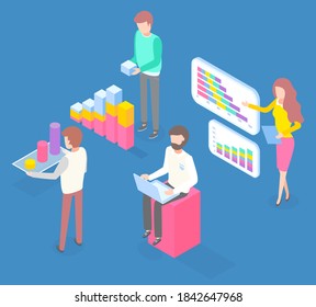 Man stands and holds conceptual bar chart on stand. Woman holds presentation pointing to large stand with statistical information. Man sits with laptop on his lap. The guy building pyramid diagram