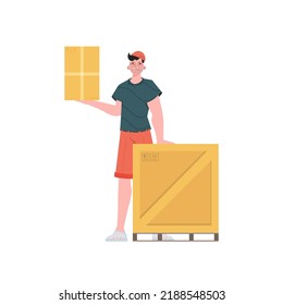 A man stands and holds a parcel. Delivery concept. Isolated on white background. trendy style. Vector.
