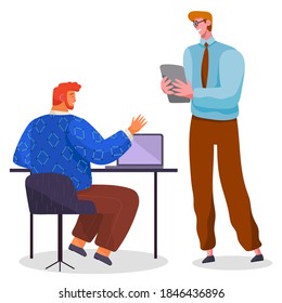 Man stands and holds tablet, guy at table with laptop, typing. Office space. Men discuss, chat, gossip, coffee break. Office workers, boss and subordinate. Flat vector image isolated on white