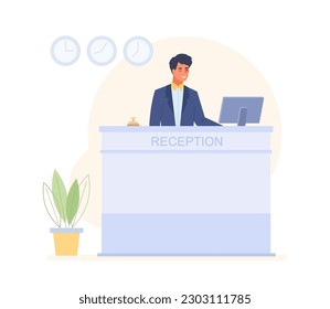 Man stands at the hotel reception desk and works at computer. Friendly male receptionist in the lobby meets the guest in hotel reception. Flat vector Illustration