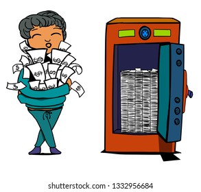 A man stands and hugged a lot of money. Nearby is a safe with a wad of cash.