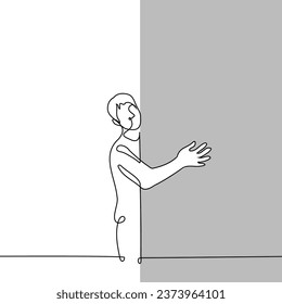 man stands hugging the corner of the wall - one line art vector. concept of intoxication and loss of orientation or loneliness and the desire to hug