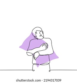 man stands hugging a pillow - one line drawing vector. concept sleepy, lover to sleep, sleepyhead
