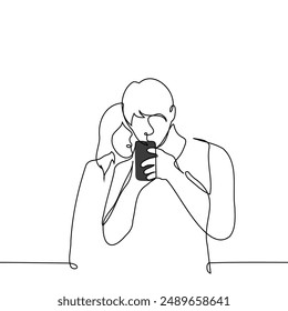 man stands immersed in the screen of his phone and a woman peeks from behind - one line art vector. concept of peeking into someone else's phone, spying and checking your partner. Handmade vector not 