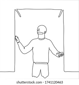 man stands inside a closed transparent cube. One continuous line drawing of a helpless guy isolated in a confined space. Can be used for animation.