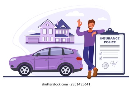 Un hombre está de pie con una póliza de seguro al lado de una casa y un auto. El concepto de seguro de vivienda, automóvil, protección de la propiedad, inmobiliario. Ilustración vectorial plana en color azul, púrpura y rosa.