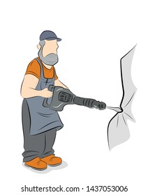 A man stands with a jackhammer. builder. vector illustration.