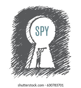 A Man Stands In A Keyhole And Looks In A Telescope. Vector Business Concept Illustration. Hand Drawn Sketch. Lettering SPY.