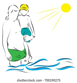 A man stands knee-deep in the water and holds a child in his arms. Color vector illustration for a theme of summer, family vacation.  Father with a child in the sea
