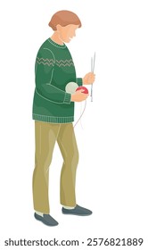 man stands with knitting needles and balls of colored thread in his hands