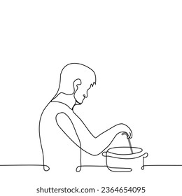 man stands with a ladle in his hand and stirs the cooking dish in a pan - one line art vector. concept of cooking at home, male chef