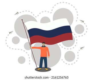 Man stands with a large flag of Russia developing in the wind. Russian Independence Day. Man flag Russian Federation vector flat illustrator. Russian world. Big flag bearer, patriotism concept.