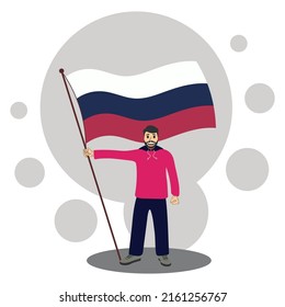 Man stands with a large flag of Russia developing in the wind. Russian Independence Day. Man flag Russian Federation vector flat illustrator. Big flag bearer, patriotism concept.
