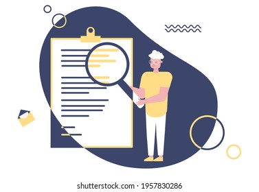 A man stands with a large notebook and holds a magnifying glass in his hand