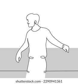 man stands leaning his elbows on the railing and looks into the distance - one line drawing vector. concept observer, waiting
