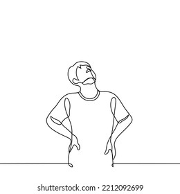 man stands leaning his hands on his sides with his face up - one line drawing vector. concept done, tired, stressed