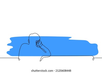 man stands leaning on the railing leaning on his elbow and looking at the sea - one line drawing vector. concept of feelings of nostalgia, depression, water contemplation 