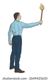 Um homem fica de pé com uma tocha acesa em sua mão e ilumina o caminho.