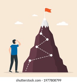 Man stands to look at the flag on top of the mountain. Conquer new heights. Startup, successful business. Vector illustration