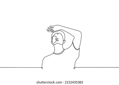 man stands looking up and covering his eyes with his palm - one line drawing of a vector. concept of looking at a lamp or the sun, at something bright and blinding