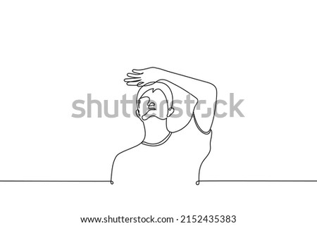 man stands looking up and covering his eyes with his palm - one line drawing of a vector. concept of looking at a lamp or the sun, at something bright and blinding