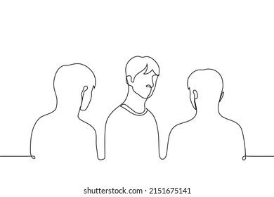 man stands looking at the viewer he turned around while others stand with their backs and look at him - one line drawing vector. concept to change your mind, change your mind, suspect