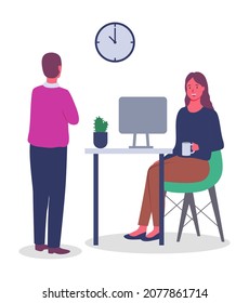 Hombre de pie y mira el reloj en la pared, mujer con gafas en la mesa con monitor. Descanso para el café. Empleados, colegas o personal de oficina. Comunicarse y trabajar. Imagen vectorial plana aislada en blanco