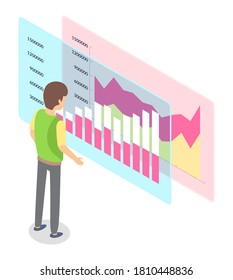 Un hombre se para y mira una gran gráfica de barras multicolor y una gráfica de área. La investigación de indicadores de información. Análisis de datos. Seguimiento de los resultados. Ilustración vectorial de color plano de administración
